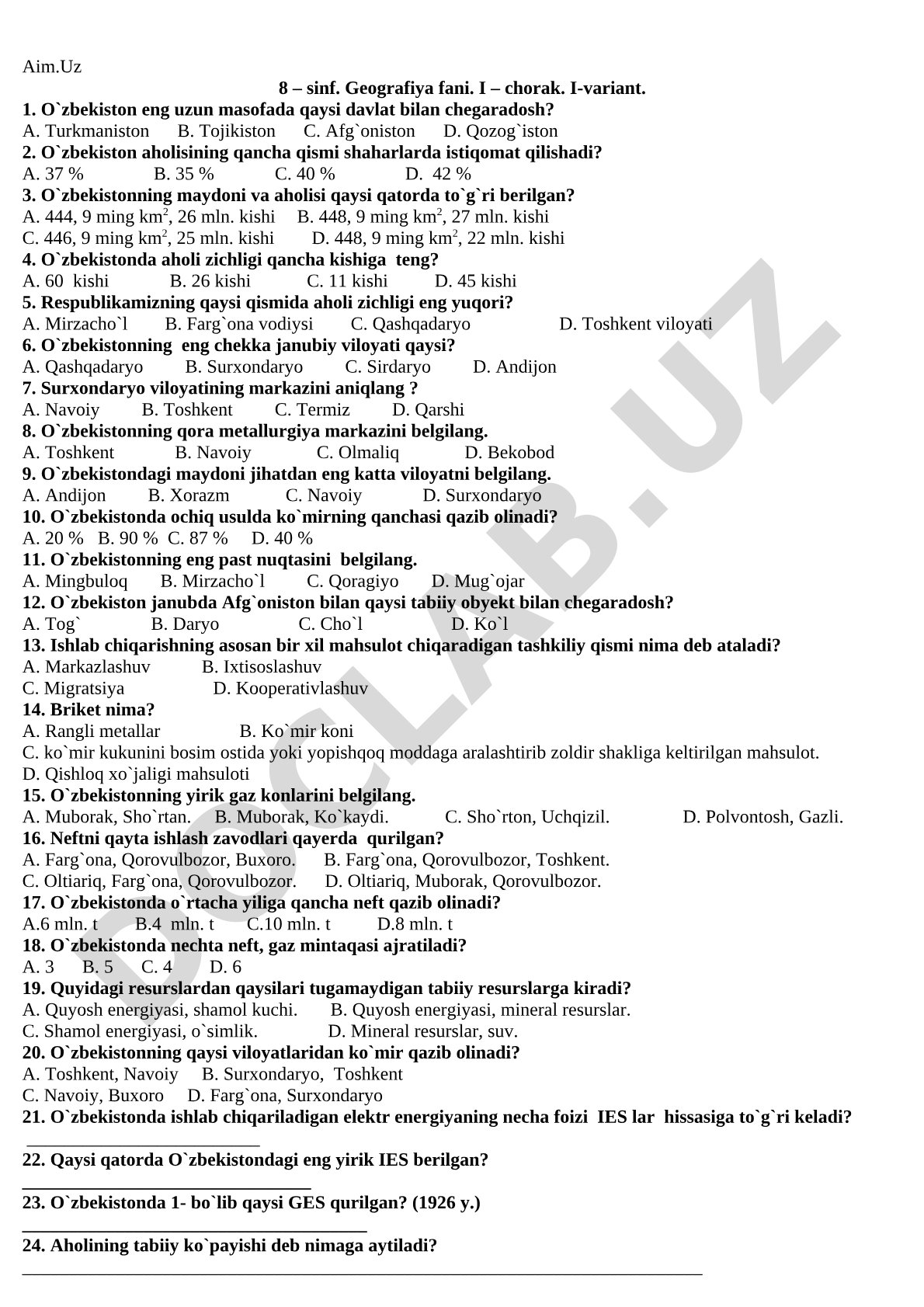 O'zbekiston geografiyasi 8-sinf I-chorak testi