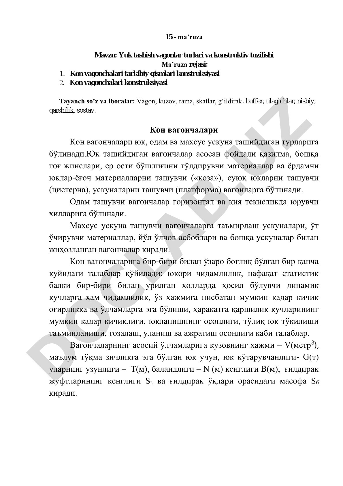 Yuk tashish vagonlar turlari va konstruktiv tuzilishi