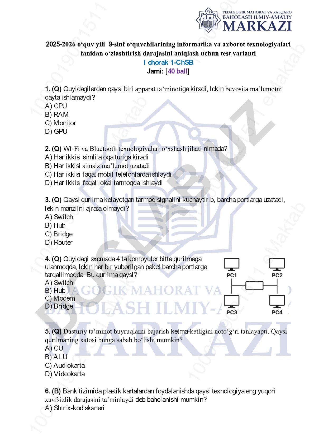 9-sinf informatika va axborot texnologiyalari fanidan test variantlari
