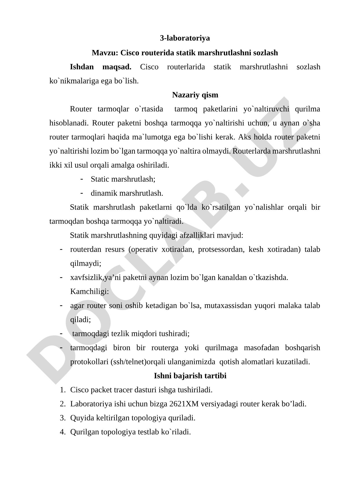 Cisco routerida statik marshrutlashni sozlash
