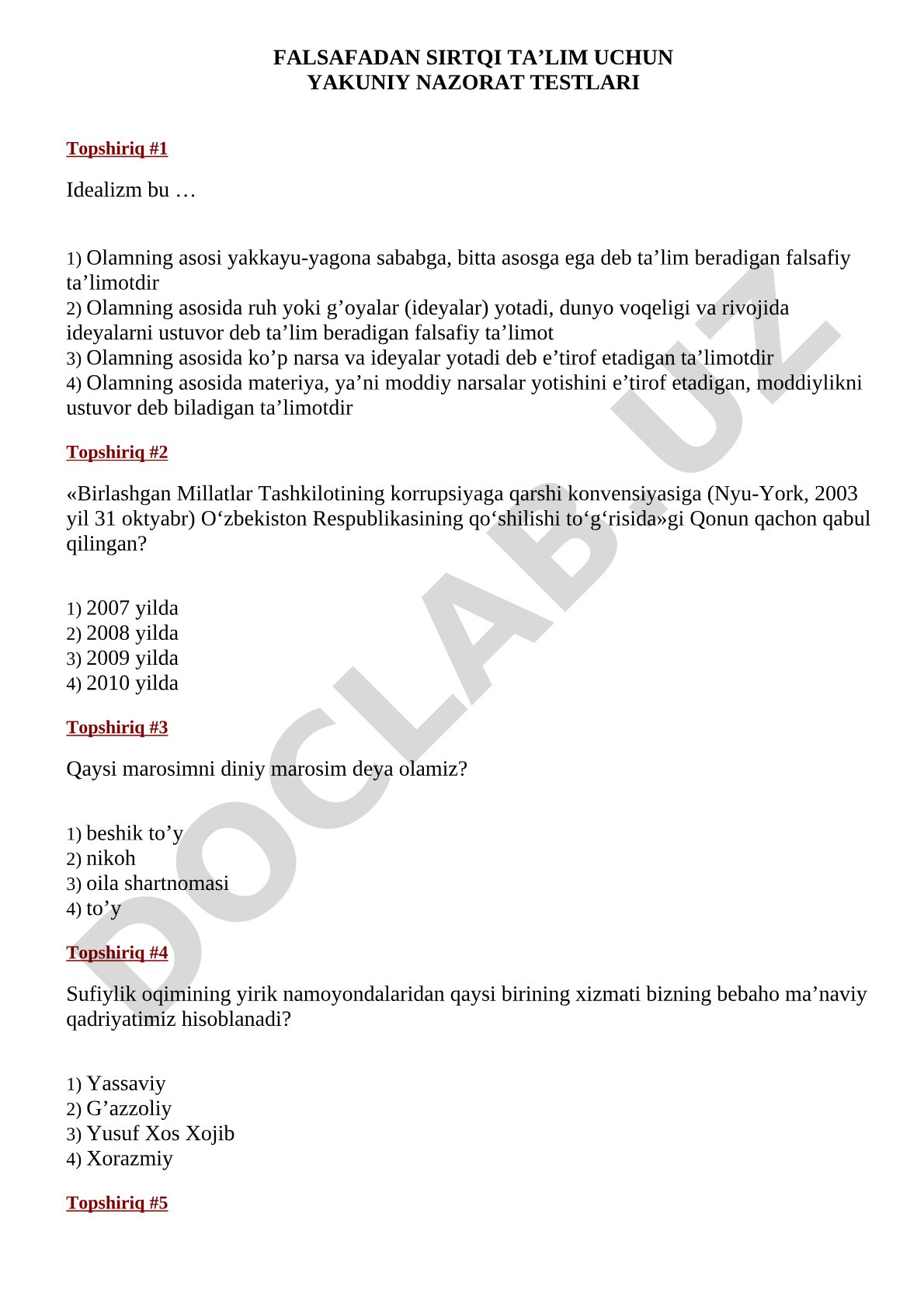 Falsafadan sirtqi ta'lim uchun yakuniy nazorat testlari
