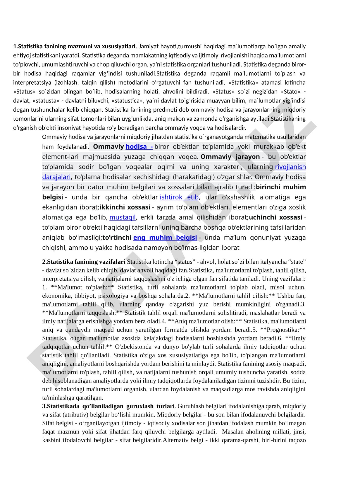 Statistika fanining mazmuni va xususiyatlari
