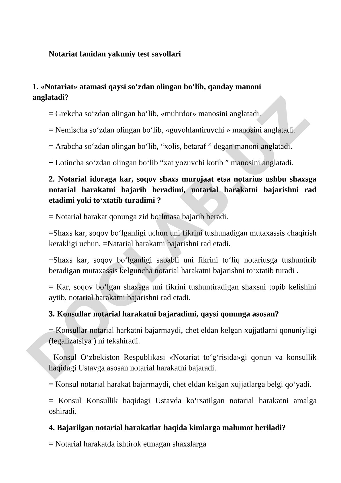 Notariat fanidan yakuniy test savollari