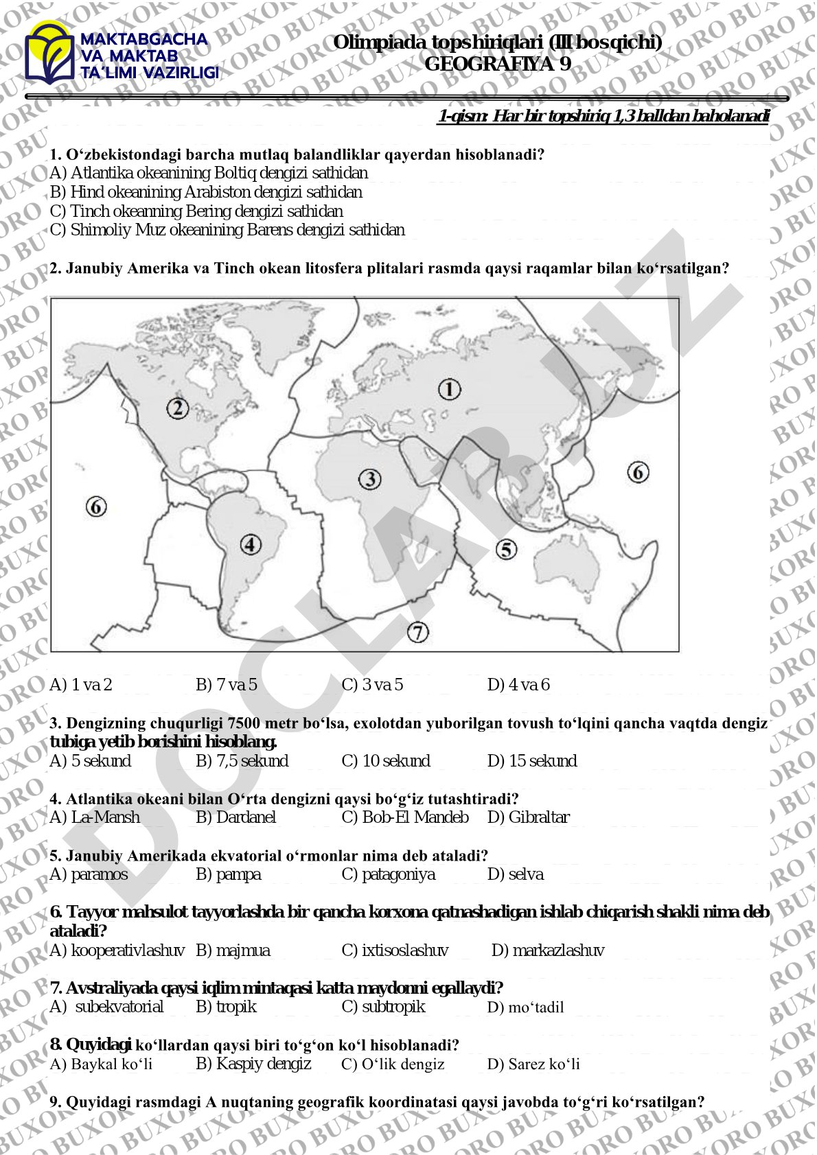 Geografiya olimpiada topshiriqlari, 9-sinf III bosqich