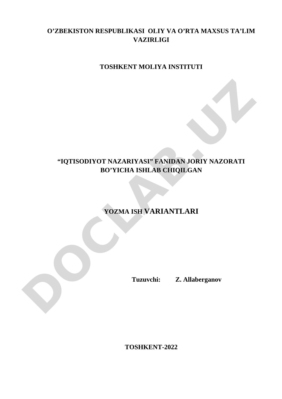 Iqtisodiyot nazariyasi fanidan joriy nazorat variantlari