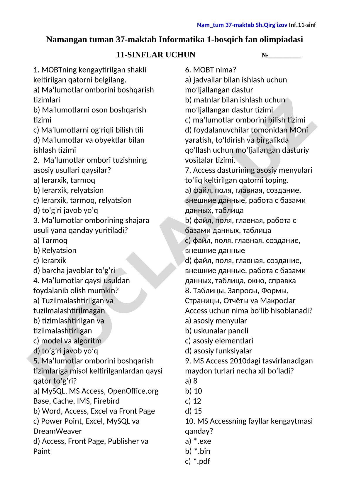 Informatika 1-bosqich fan olimpiadasi 11-sinflar uchun