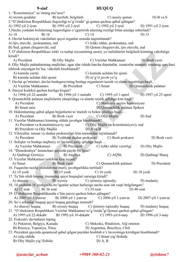 9-sinf huquq fanidan test savollari