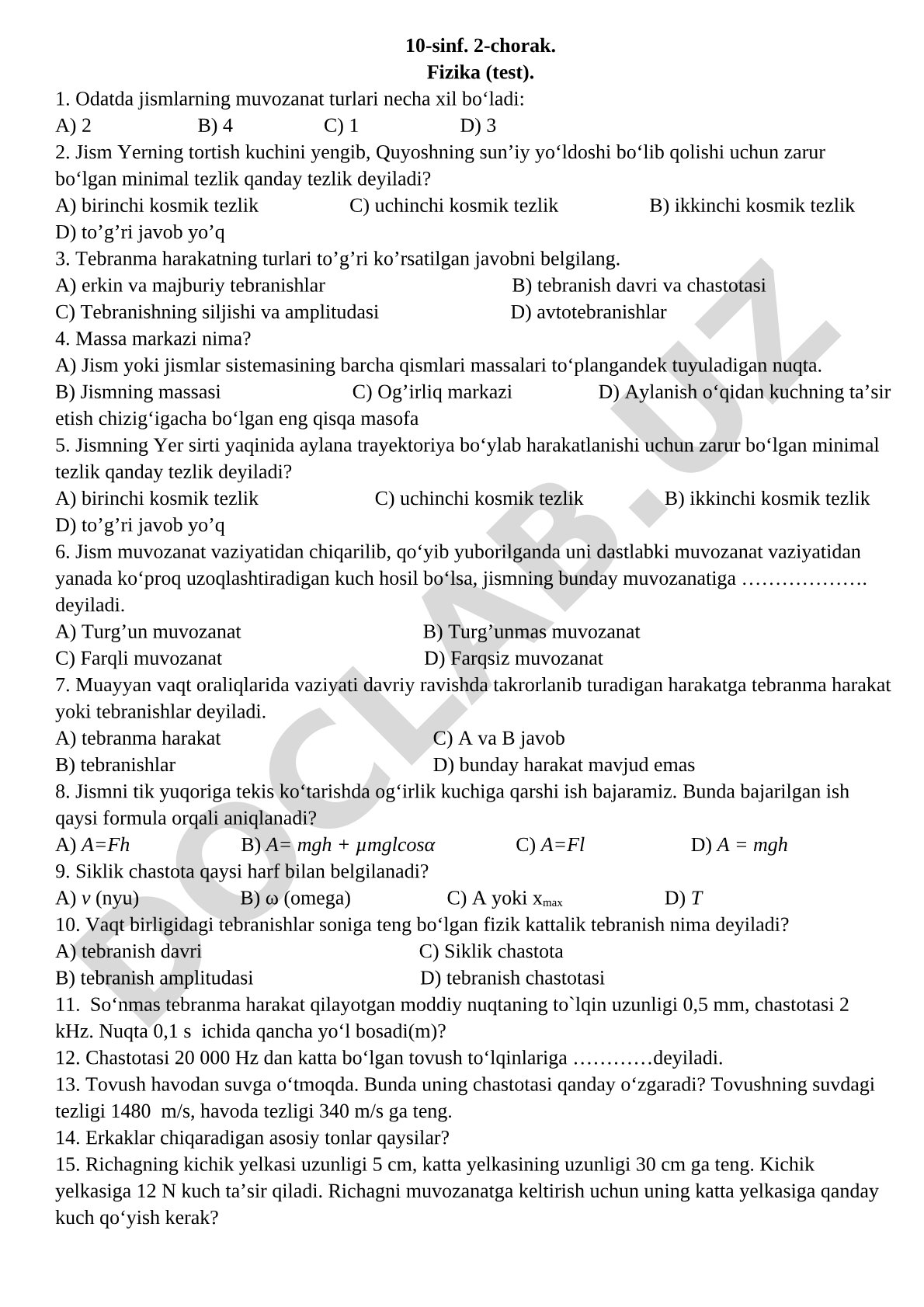 10-sinf fizika 2-chorak test savollari
