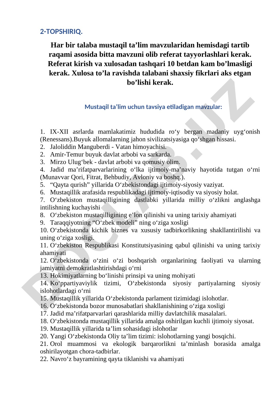 Mustaqil ta’lim uchun tavsiya etiladigan mavzular