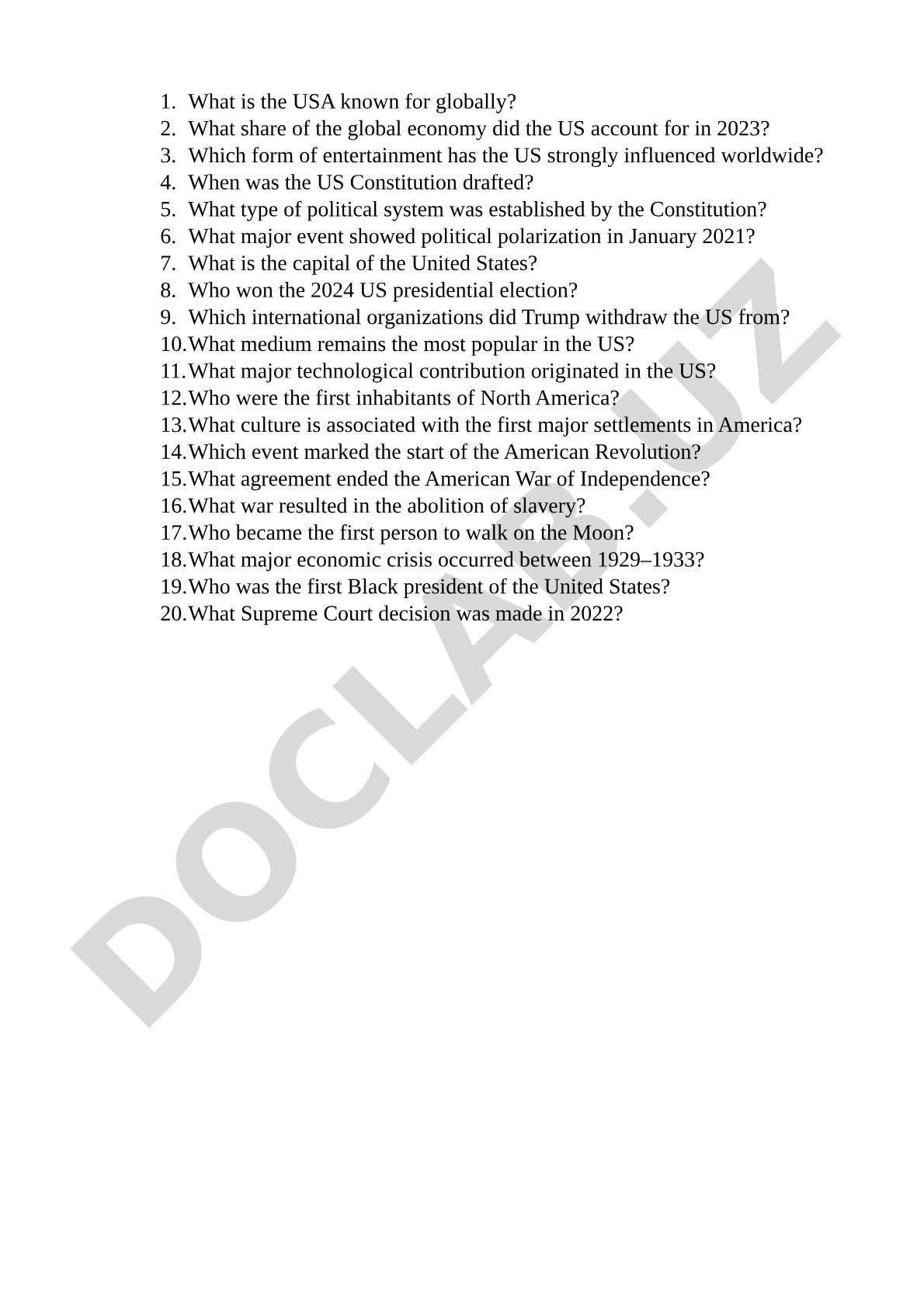 USA General Knowledge Questions