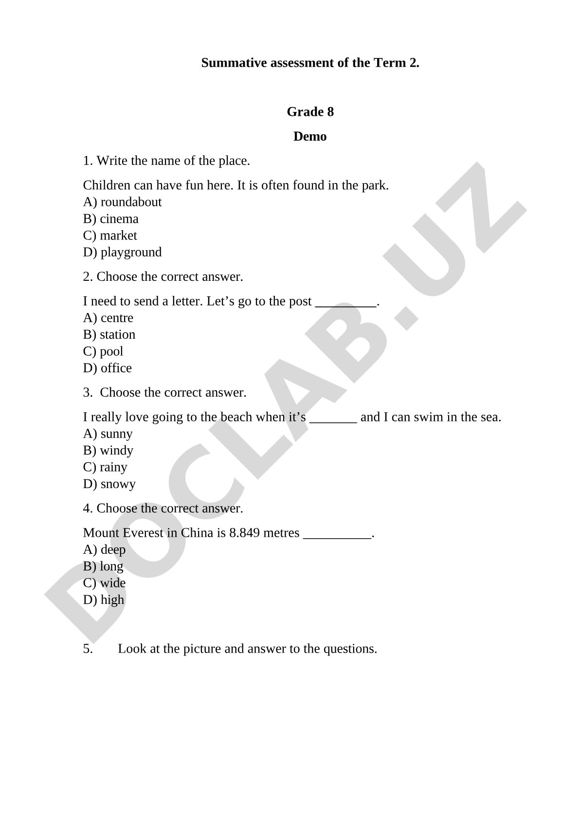 Grade 8 Term 2 Summative Assessment Demo