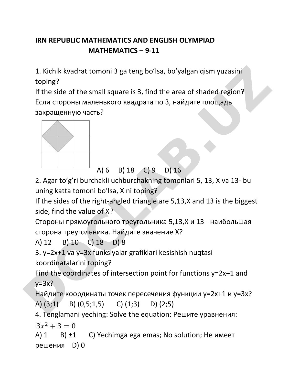Matematika olimpiadasi masalalari (9-11 sinflar)