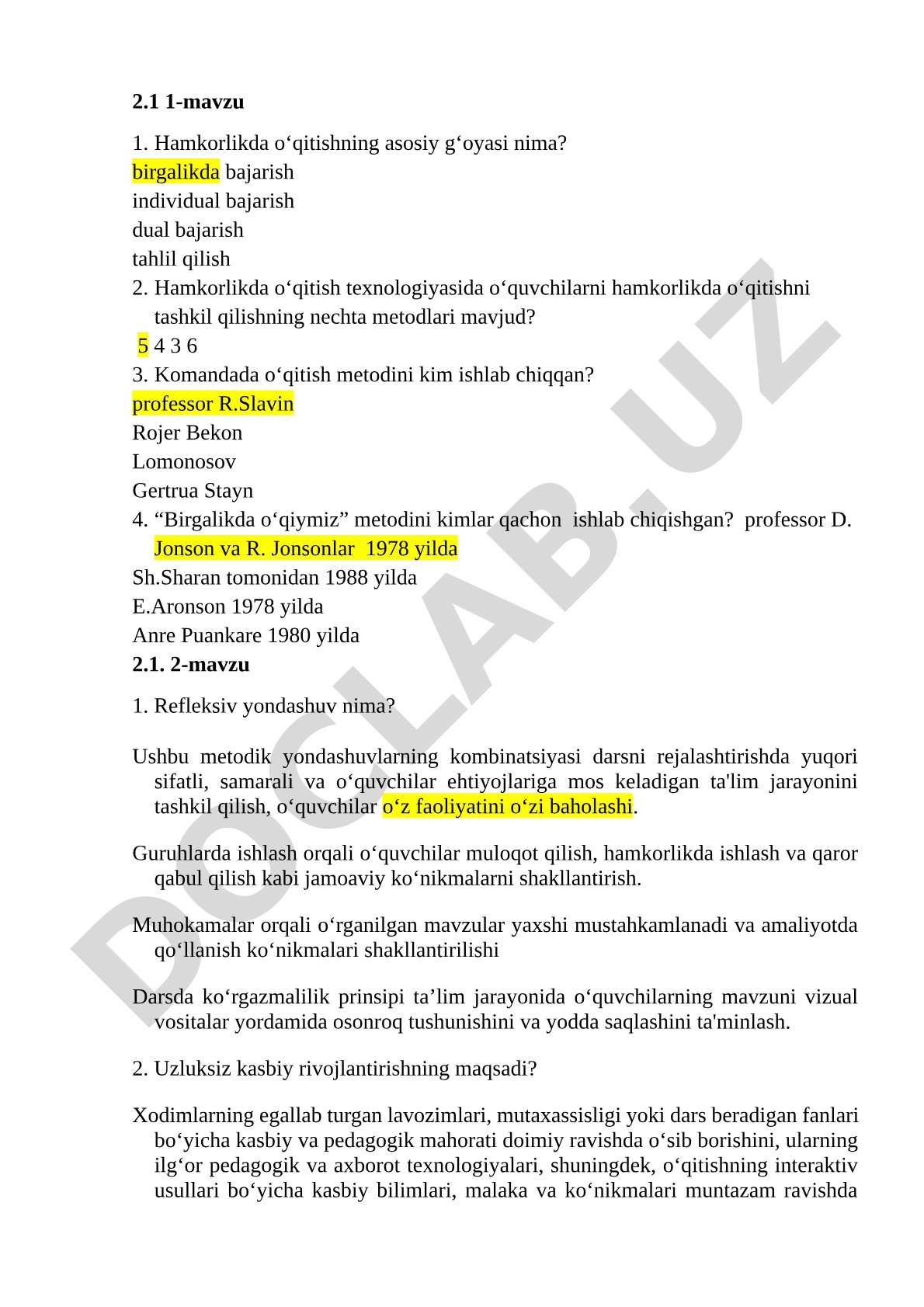 Hamkorlikda o‘qitish texnologiyasi bo‘yicha test savollari