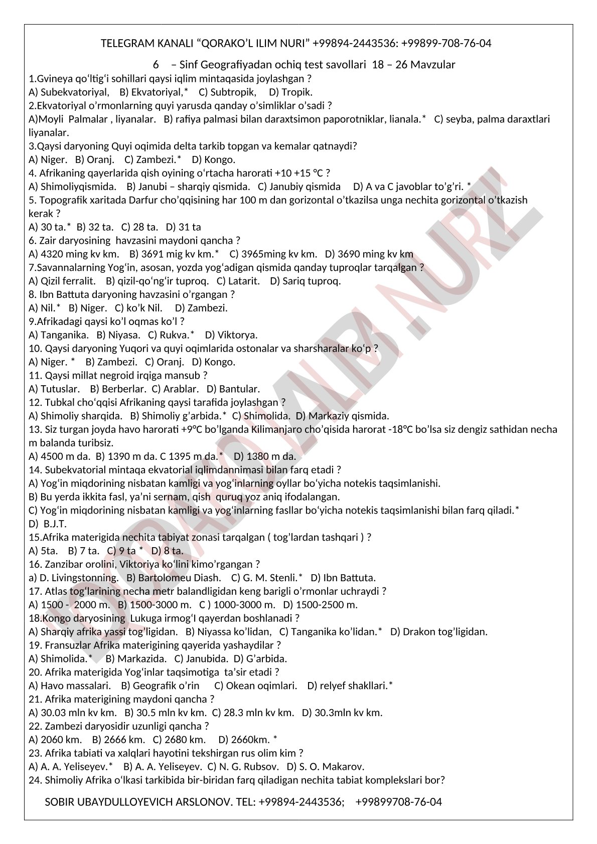 Geografiyadan ochiq test savollari (18-26 mavzular)