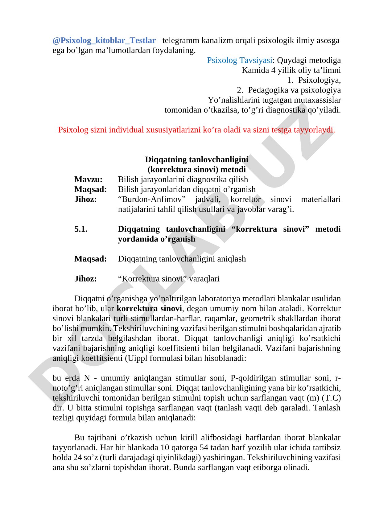 Diqqatning tanlovchanligini korrektur sinovi metodi