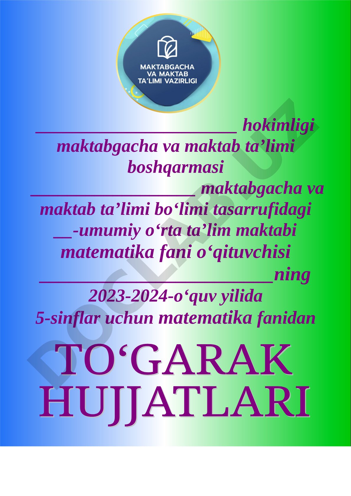 5-sinflar uchun matematika to‘garagi ish rejasi