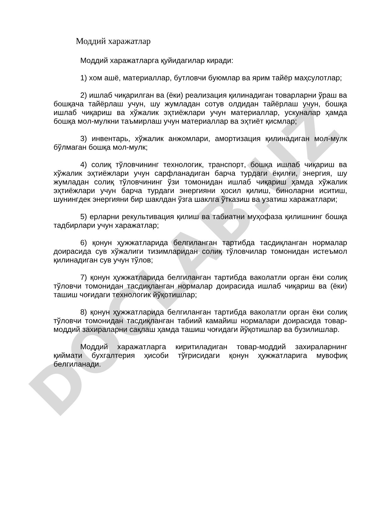 Moddiy xarajatlar tarkibi va turlari