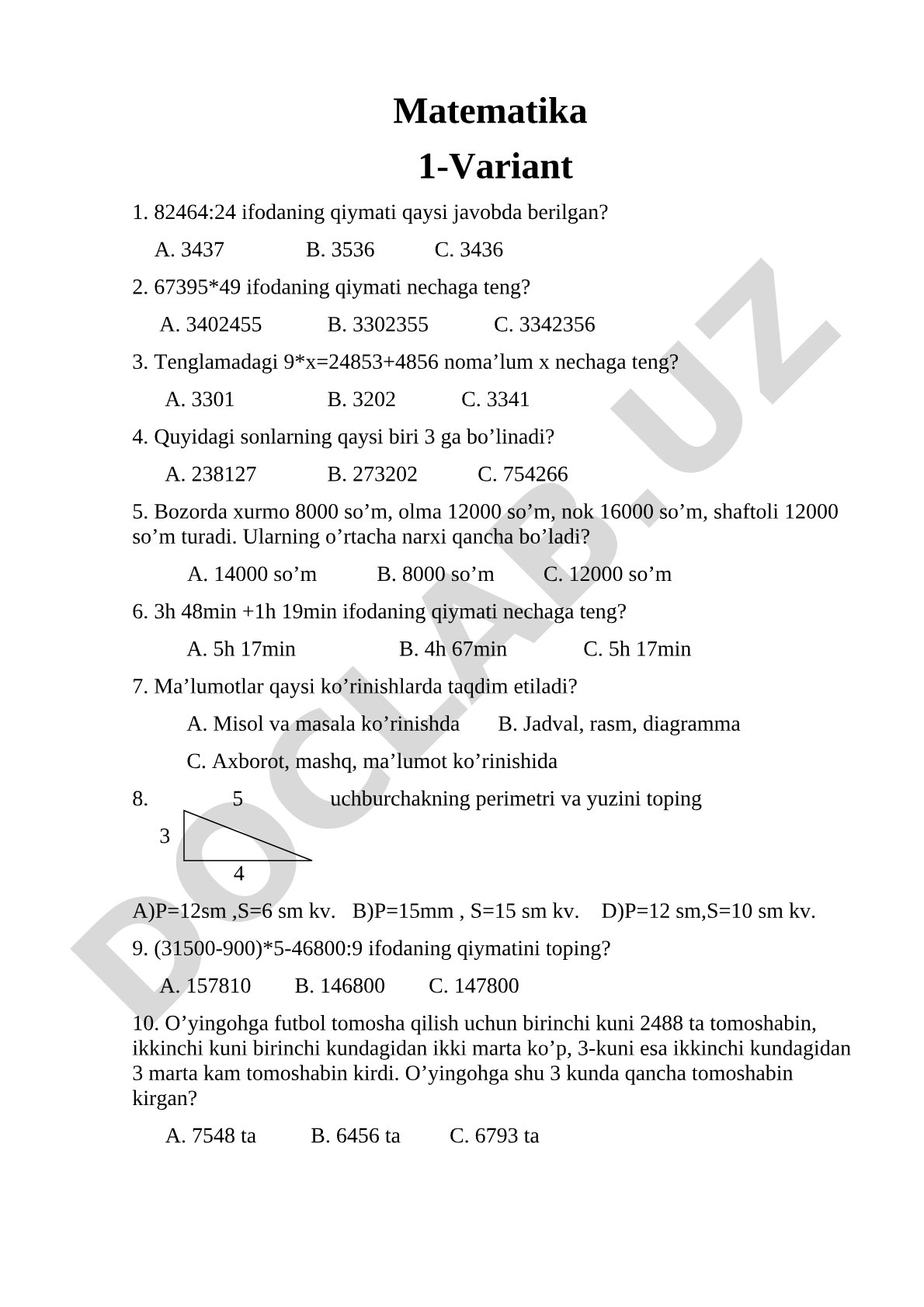 Matematika 1-variant test savollari