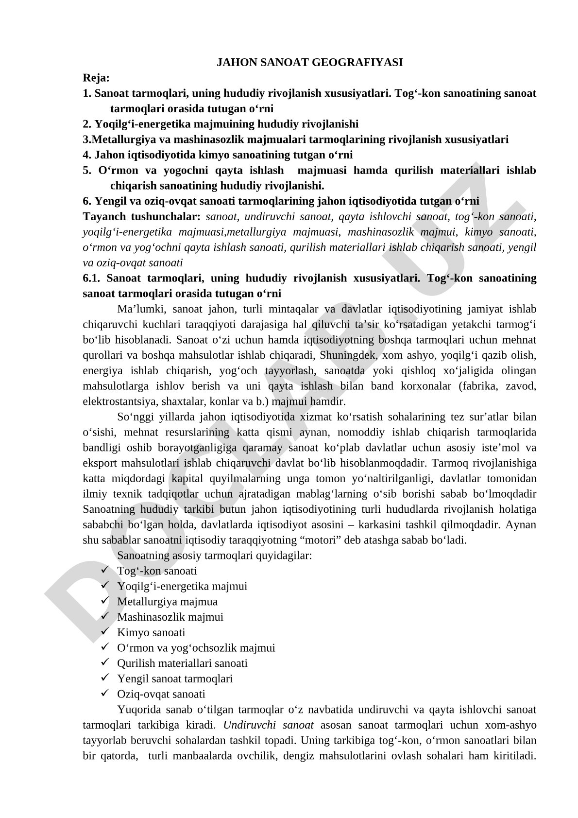 Sanoat tarmoqlari, hududiy rivojlanish, tog‘-kon, energetika, metallurgiya, kimyo sanoati
