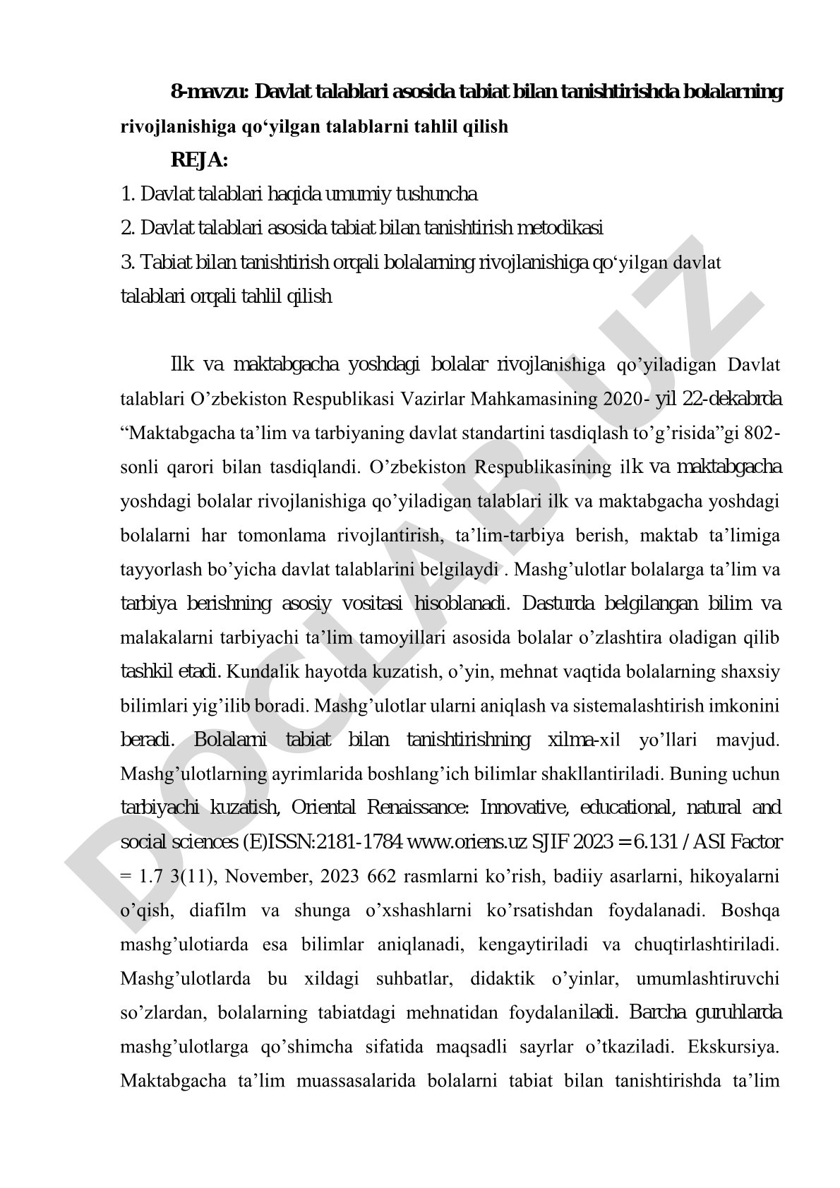 Davlat talablari asosida tabiat bilan tanishtirishda bolalarning rivojlanishiga qo'yilgan talablarni tahlil qilish