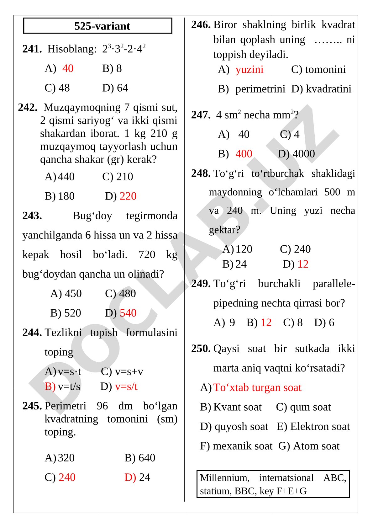 Matematika fanidan test variantlari