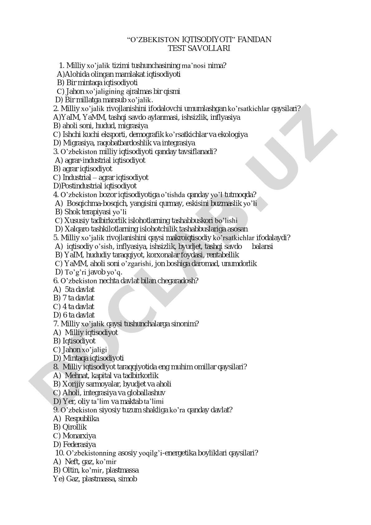 O'zbekiston iqtisodiyoti fanidan test savollari