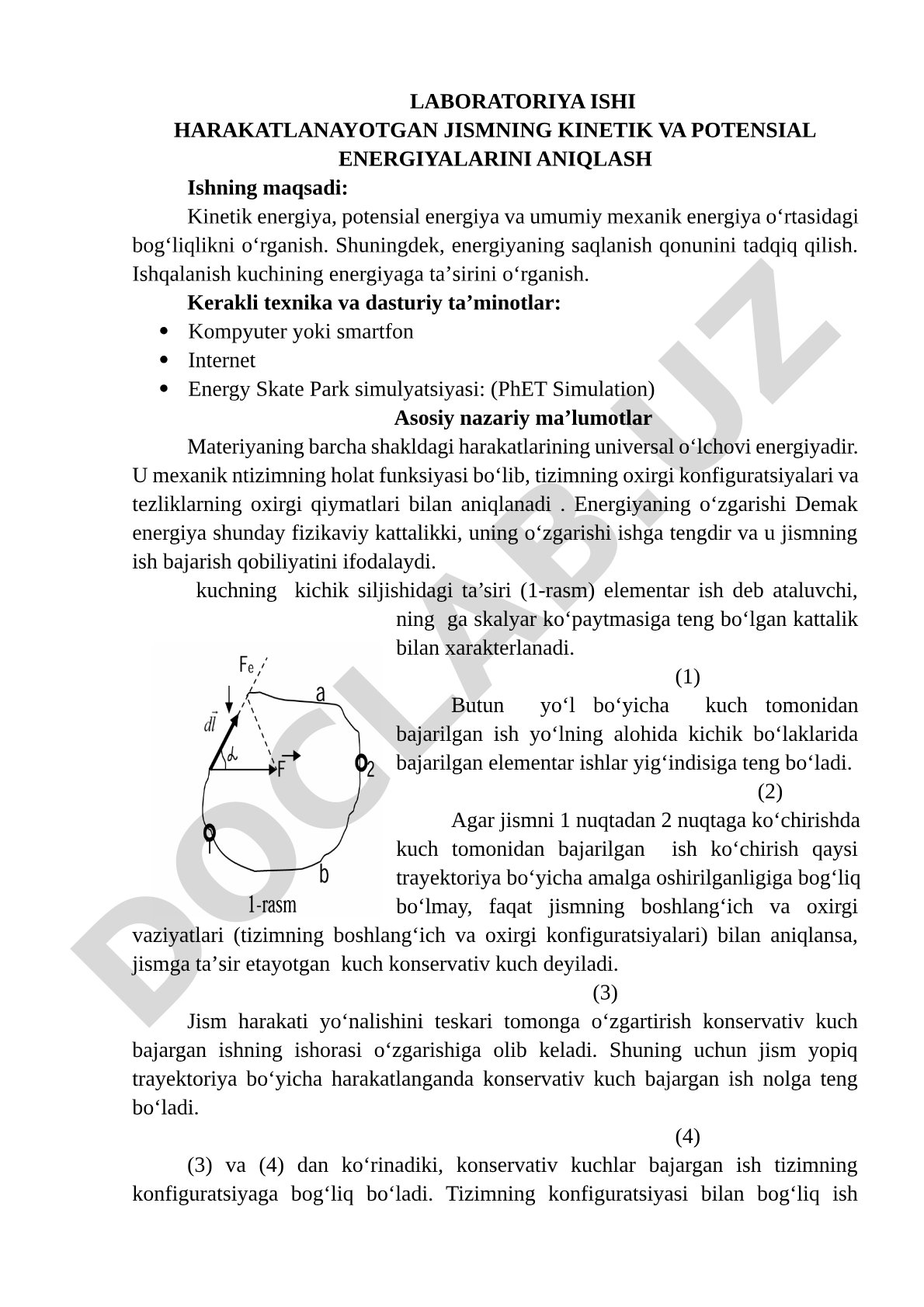 Laboratoriya ishi harakatlanayotgan jismning kinetik va potensial energiyalarini aniqlash
