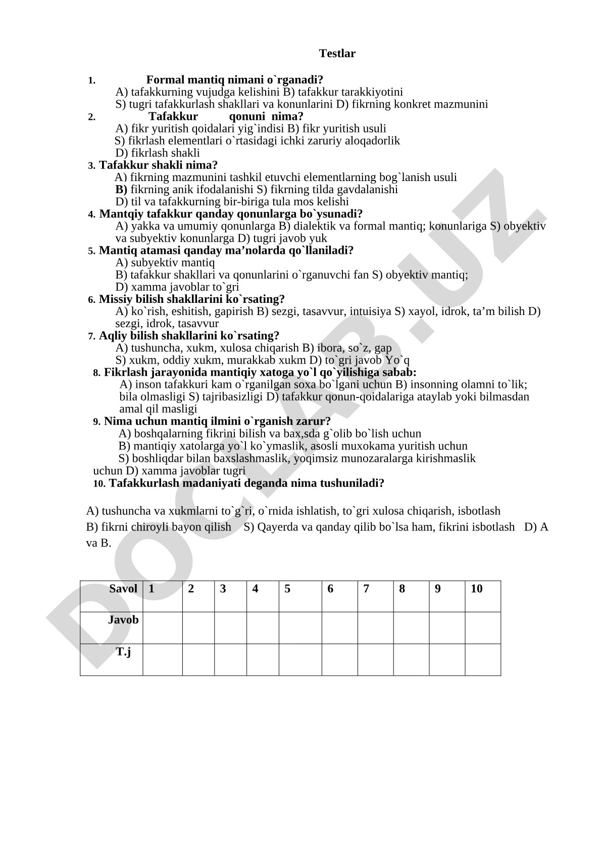 Formal mantiq fanidan test savollari