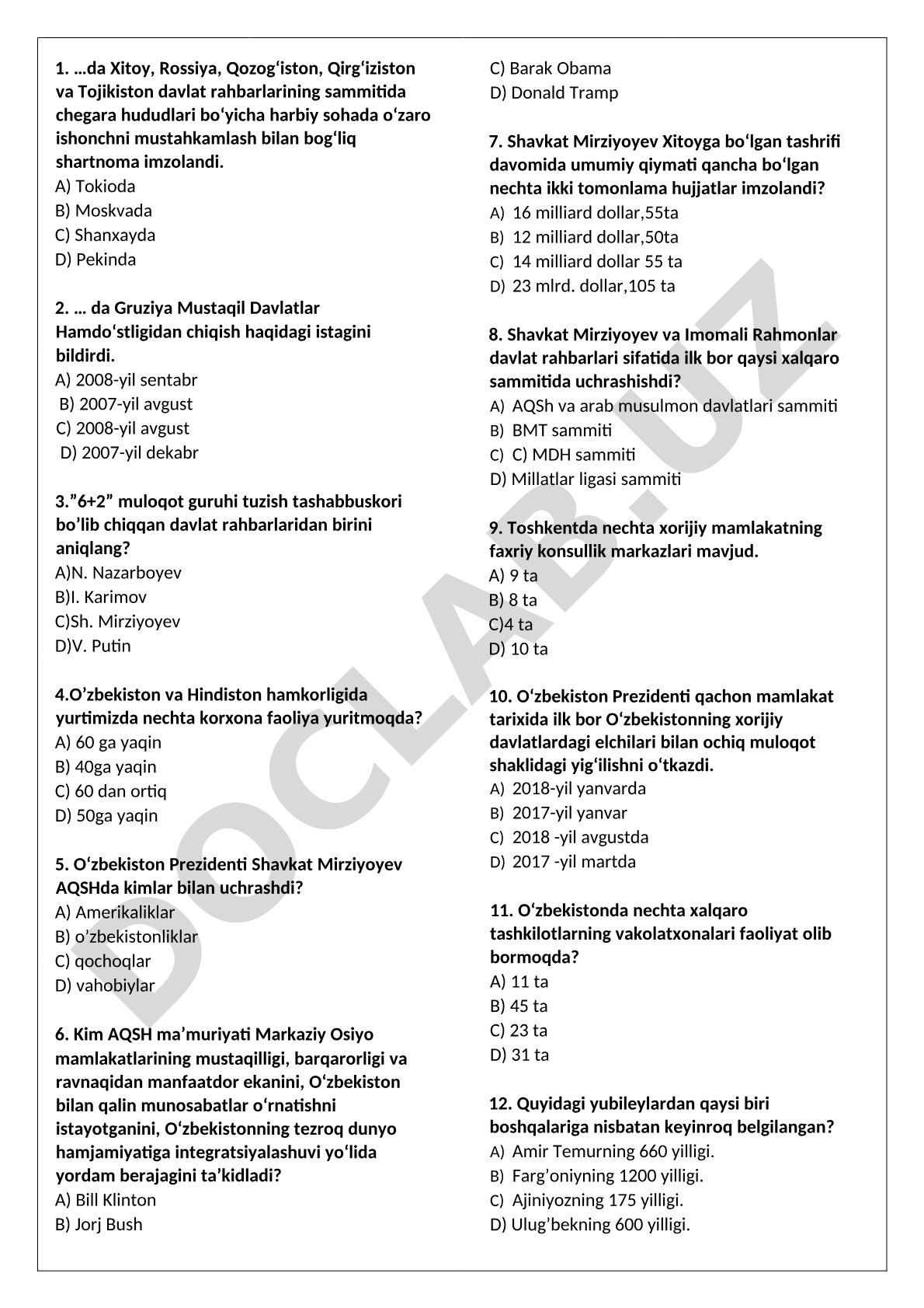 O‘zbekiston tashqi siyosati bo‘yicha test
