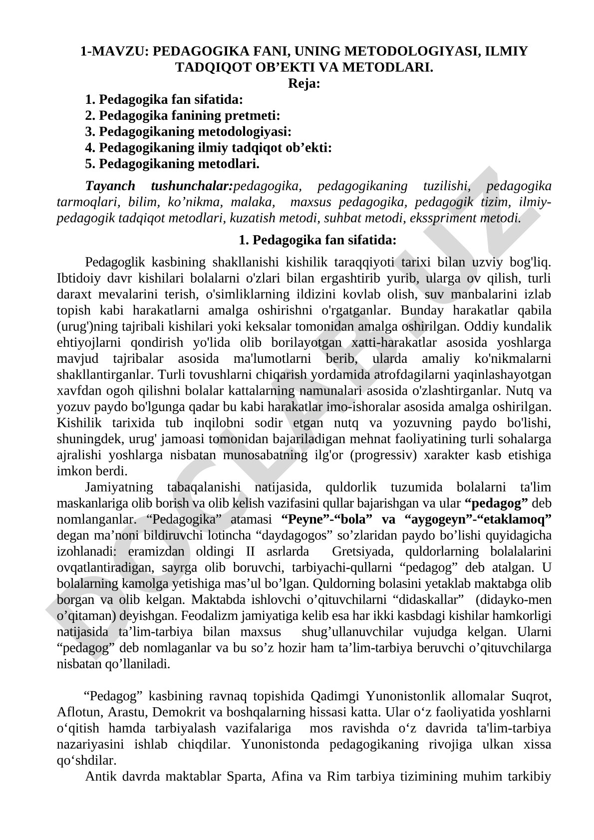 Pedagogika fani, uning metodologiyasi, ilmiy tadqiqot ob’ekti va metodlari