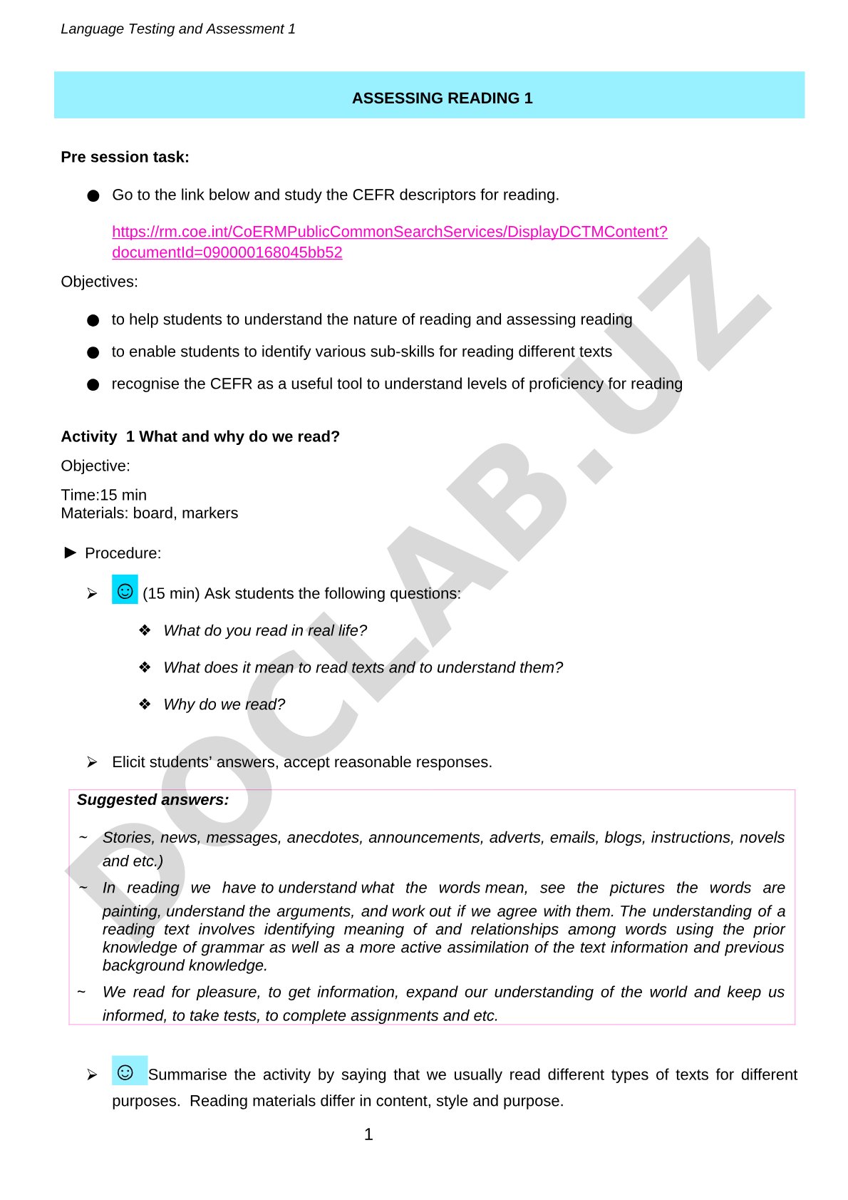 Pre-session tasks, objectives, and activities for assessing reading with CEFR