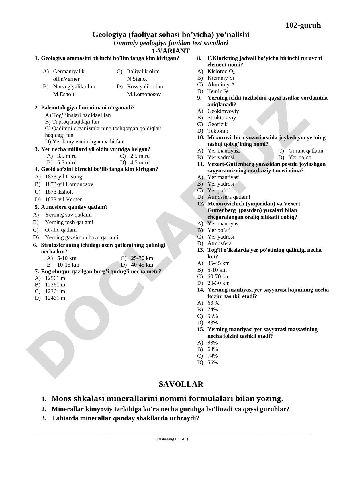 Umumiy geologiya fanidan test savollari
