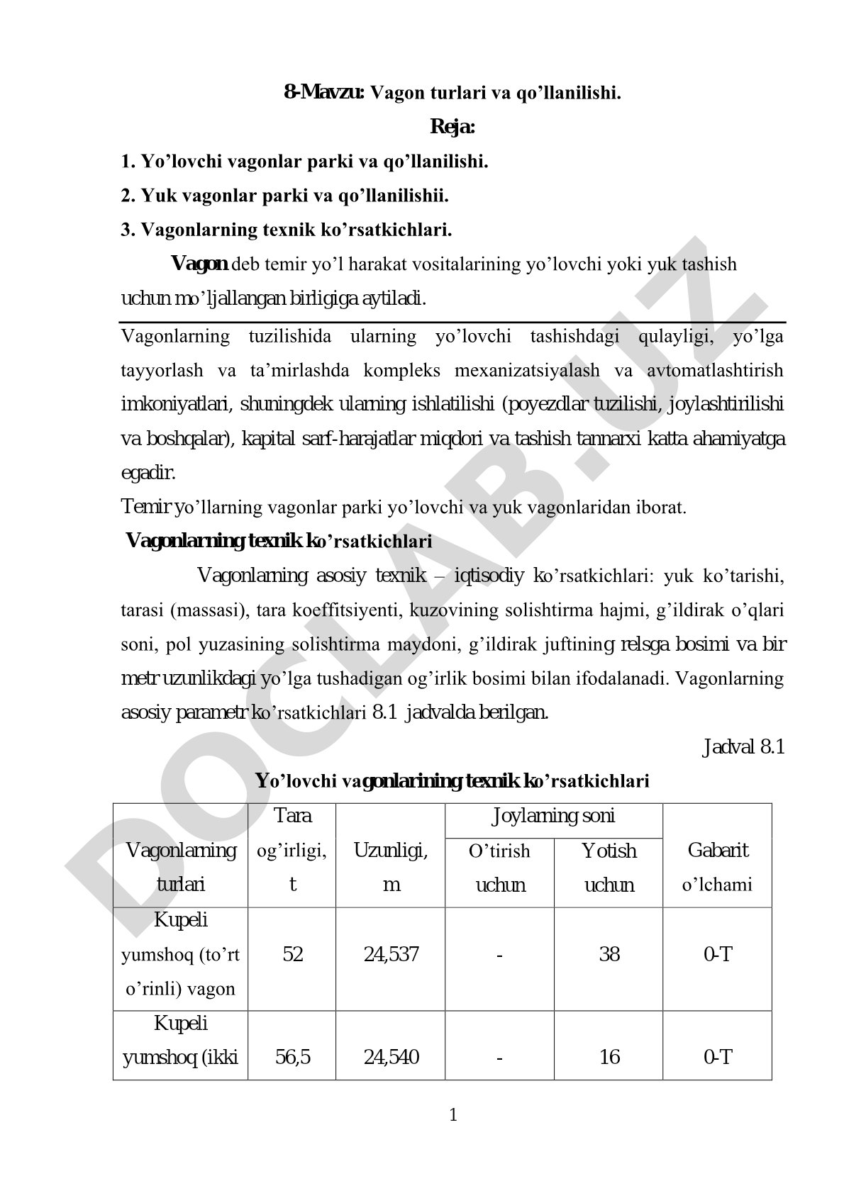 Vagon turlari va qo’llanilishi