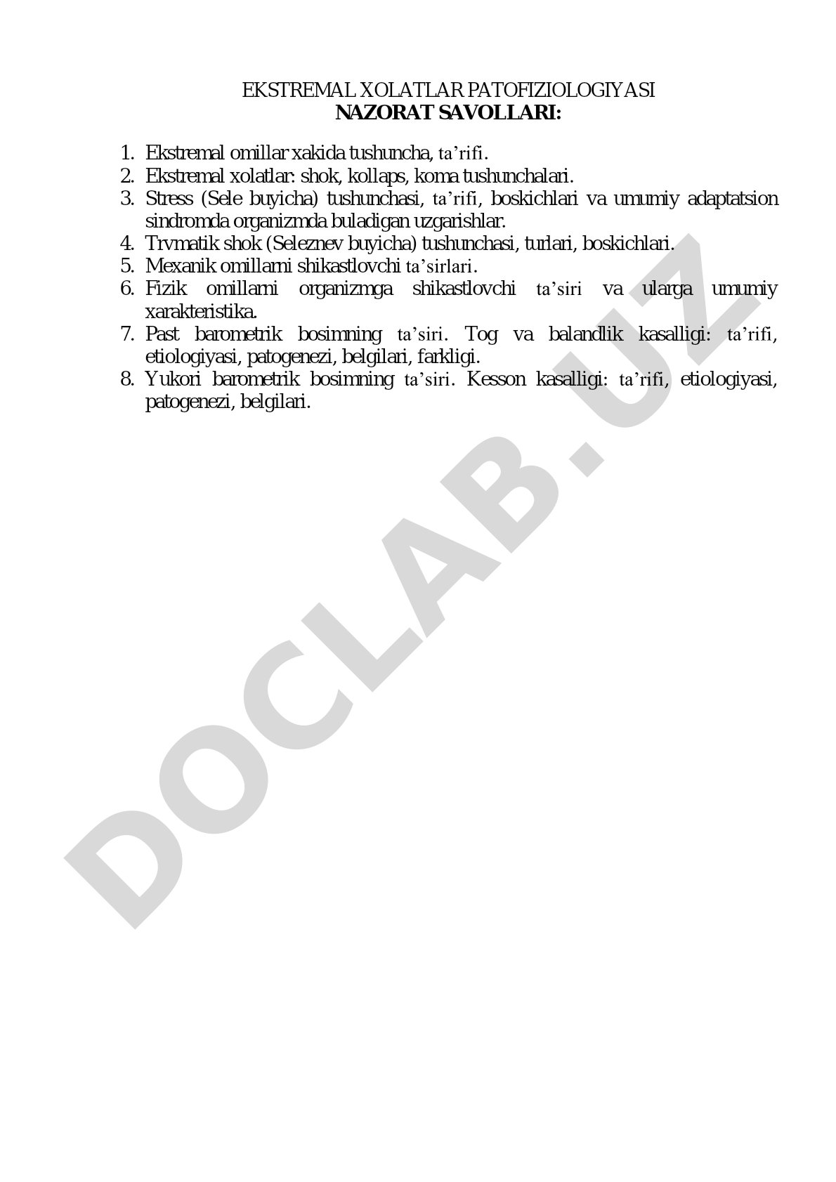 Ekstremal xolatlar patofiziologiyasi nazorat savollari