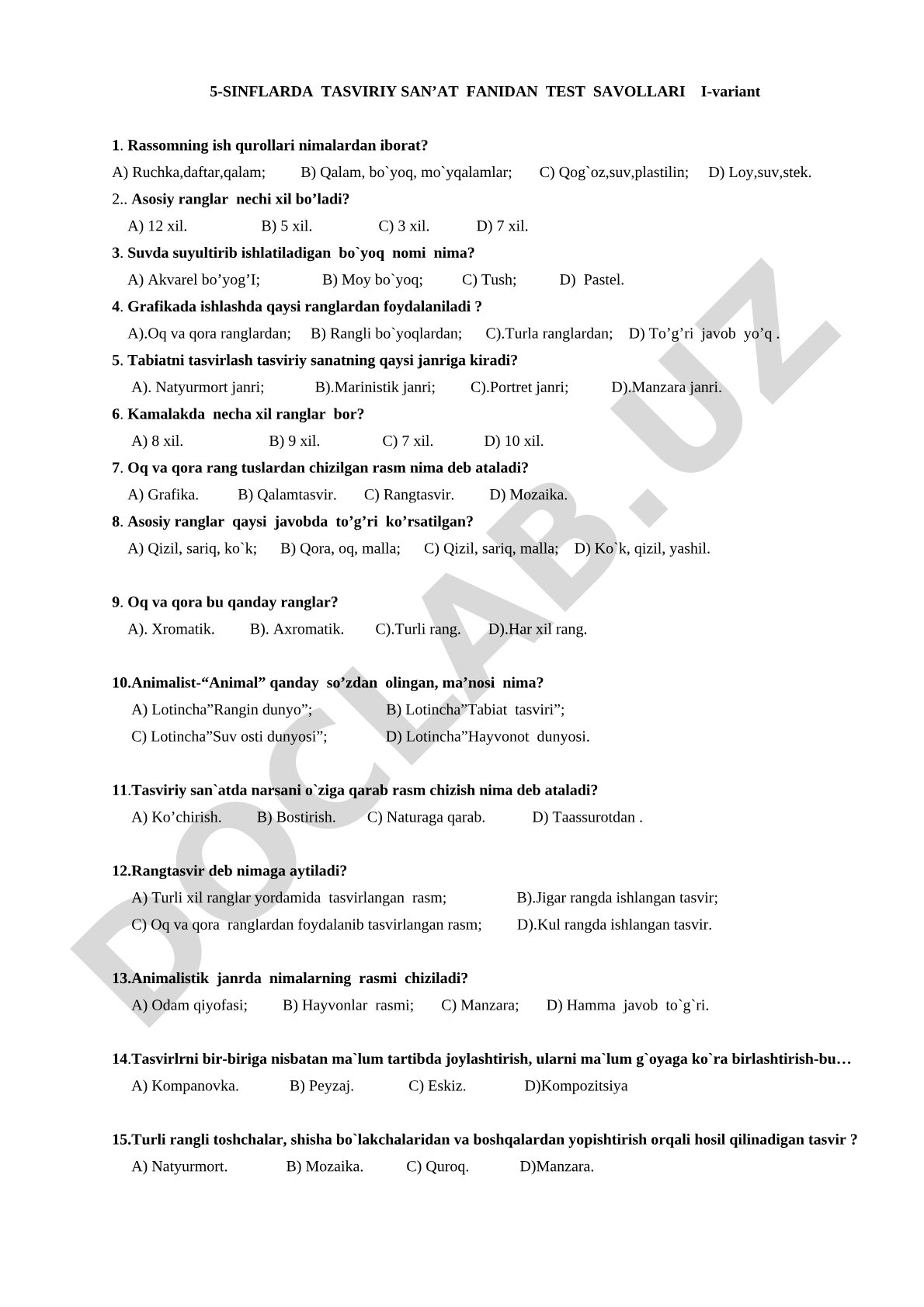 5-sinflarda tasviriy san’at fanidan test savollari