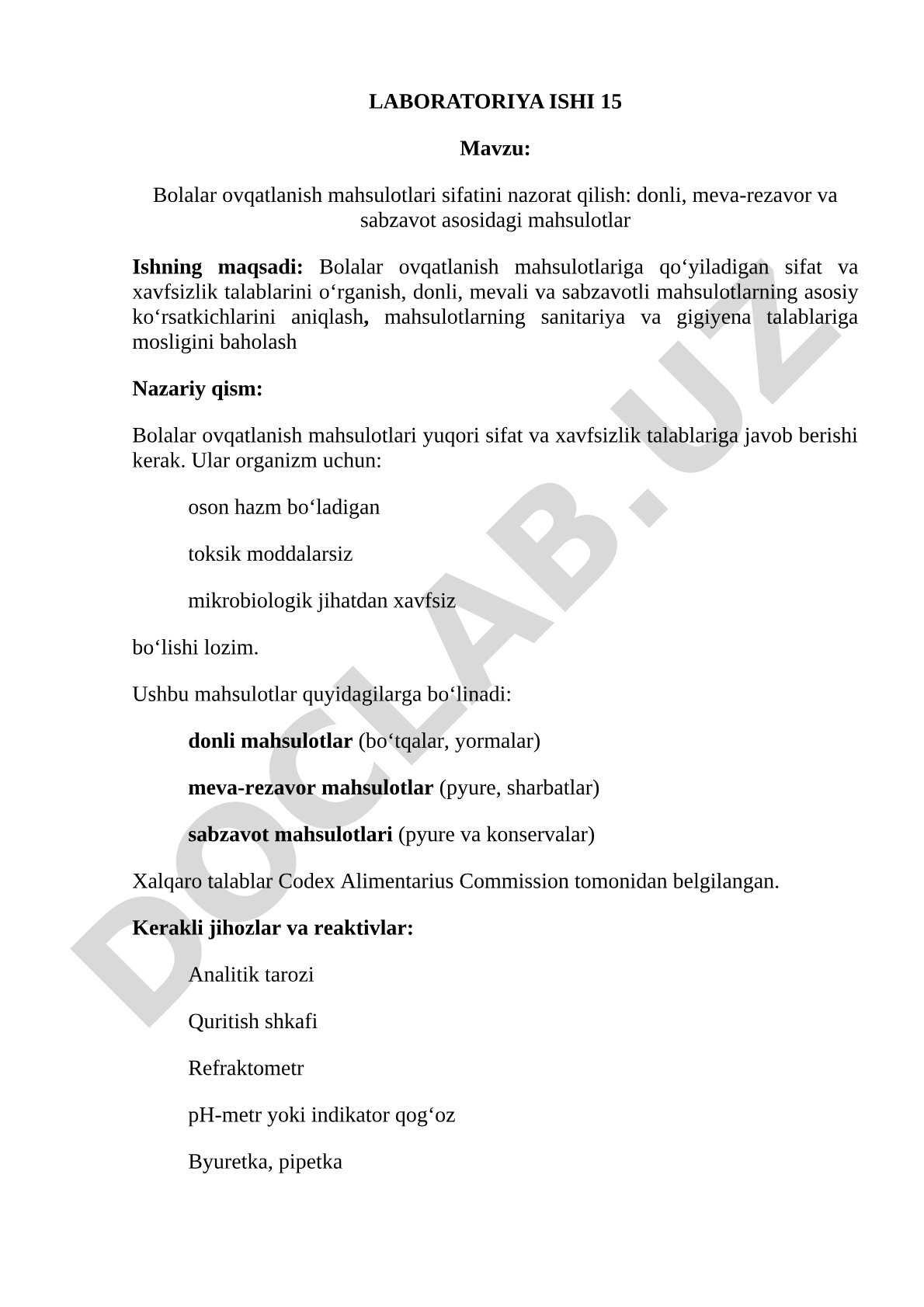 Bolalar ovqatlanish mahsulotlari sifatini nazorat qilish: donli, meva-rezavor va sabzavot asosidagi mahsulotlar