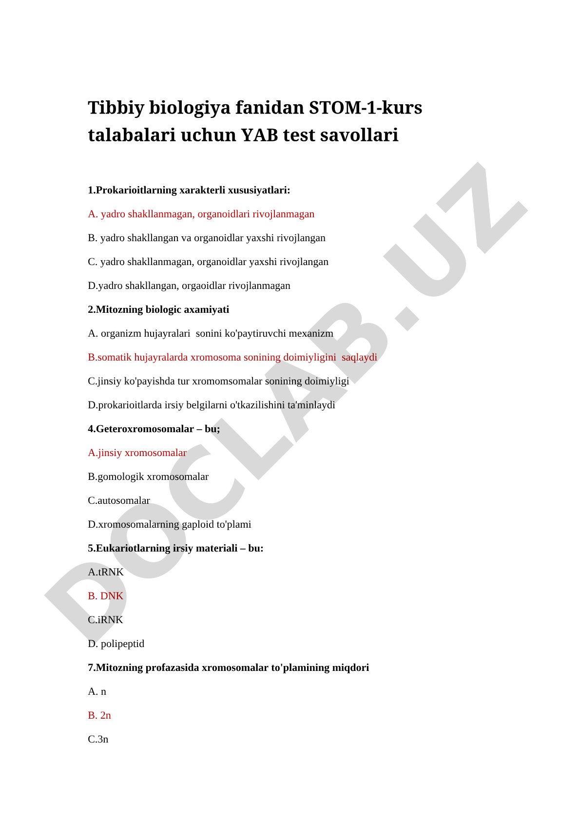 Tibbiy biologiya fanidan STOM-1-kurs talabalari uchun YAB test savollari