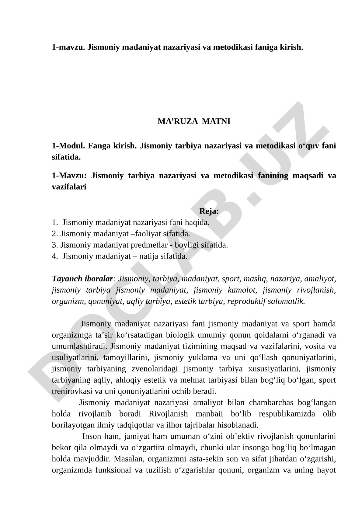 Jismoniy madaniyat nazariyasi va metodikasi faniga kirish