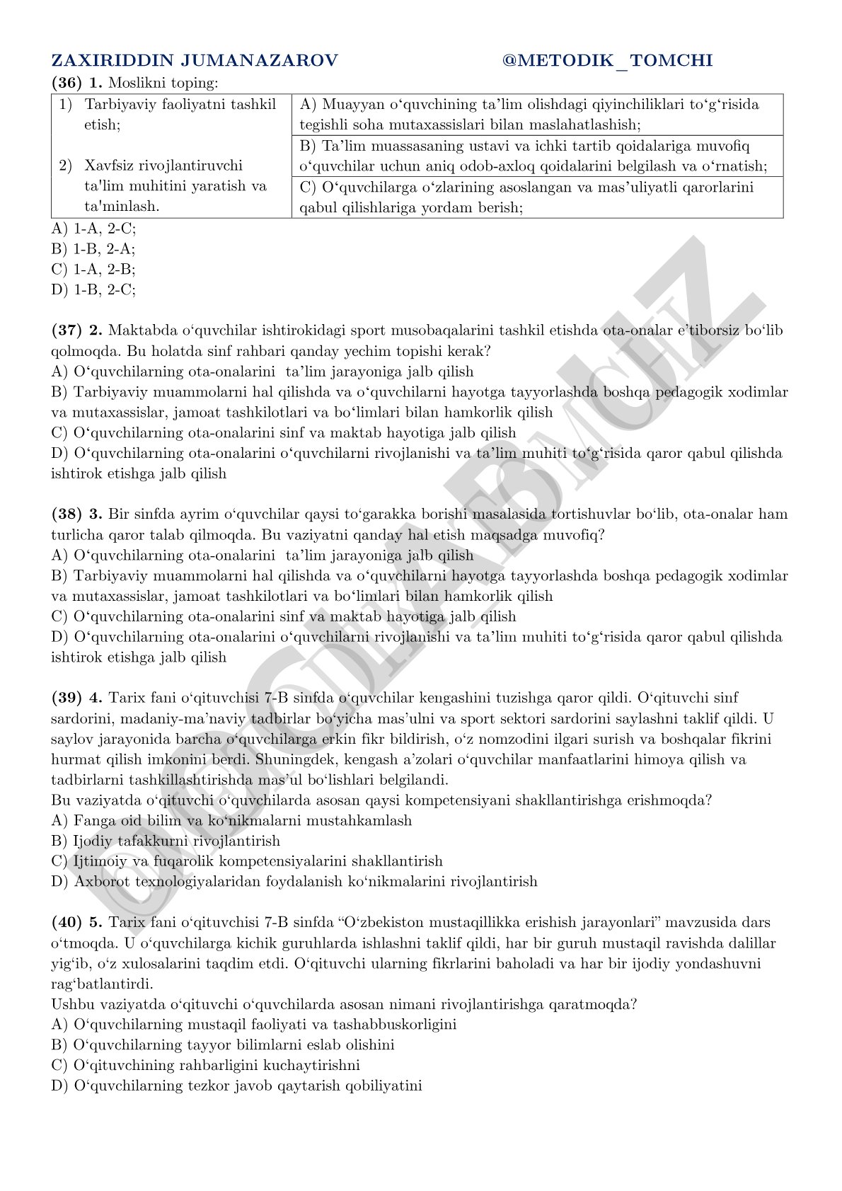 Sinf rahbari tarbiyaviy faoliyati va ota-onalar bilan hamkorlik