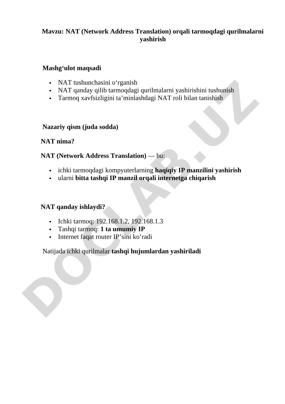 NAT (Network Address Translation) orqali tarmoqdagi qurilmalarni yashirish