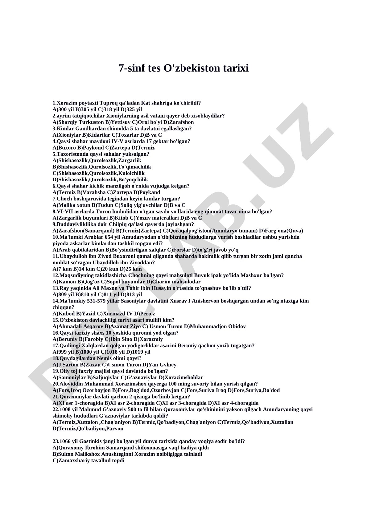 O'zbekiston tarixidan 7-sinf test savollari