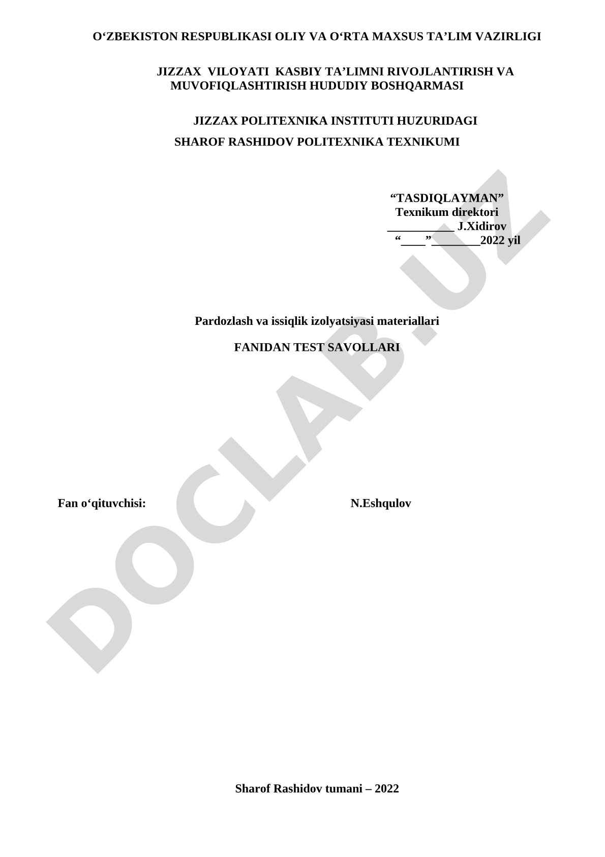 Pardozlash va issiqlik izolyatsiyasi materiallari
