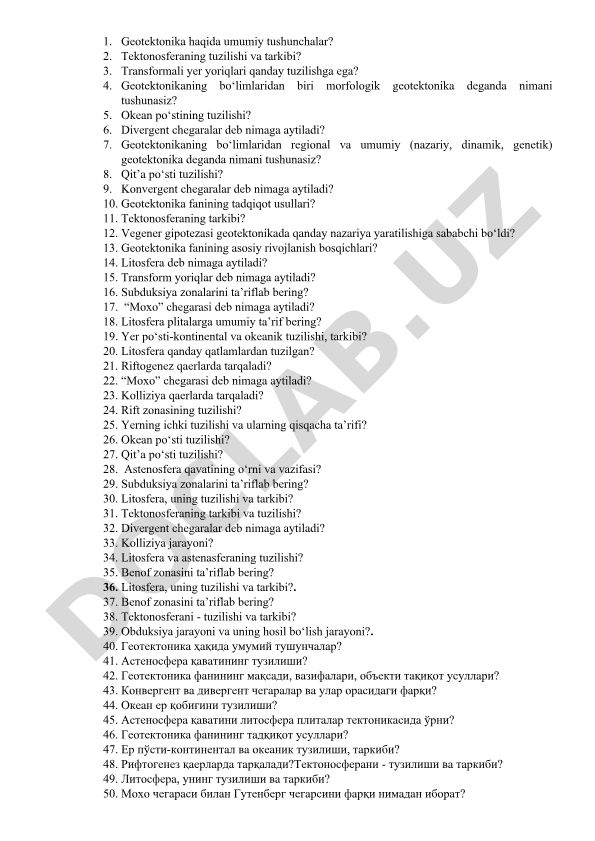 Geotektonika fanining asosiy tushunchalari va tadqiqot usullari