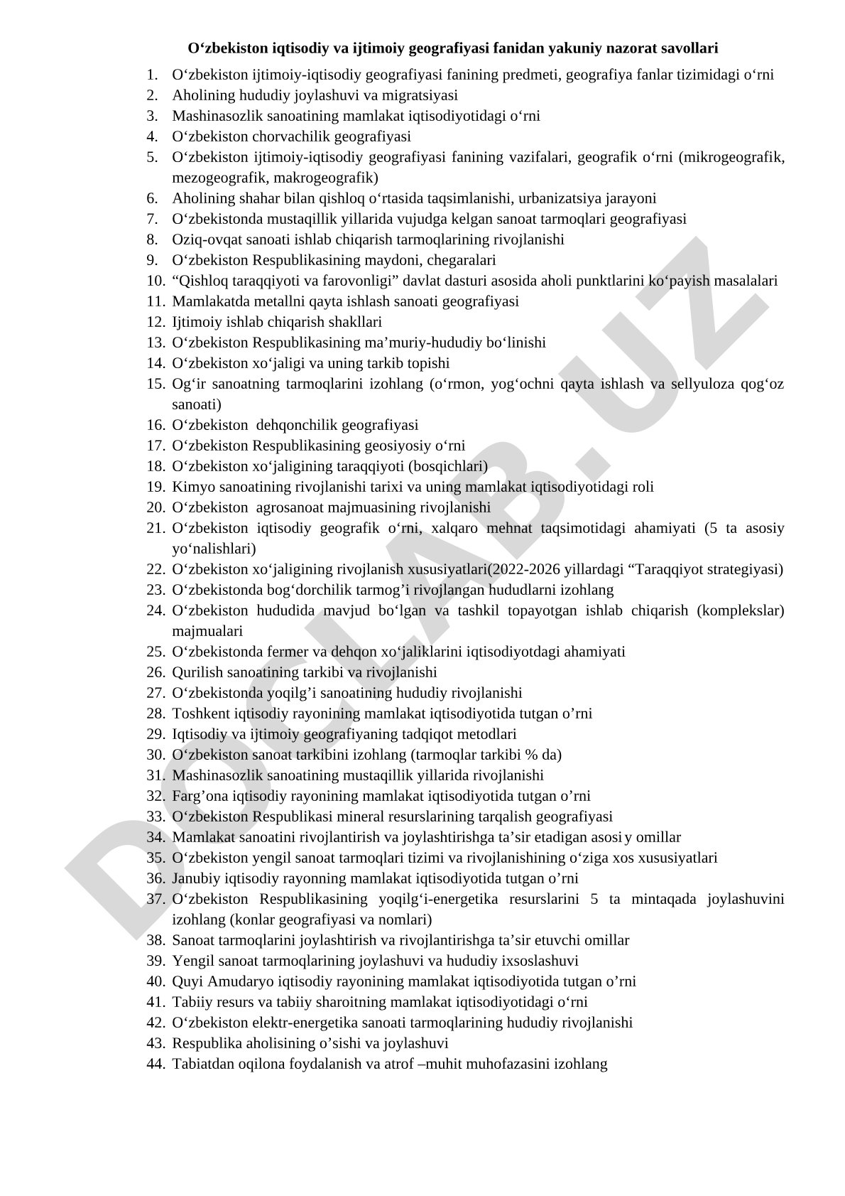O‘zbekiston iqtisodiy va ijtimoiy geografiyasi fanidan yakuniy nazorat savollari