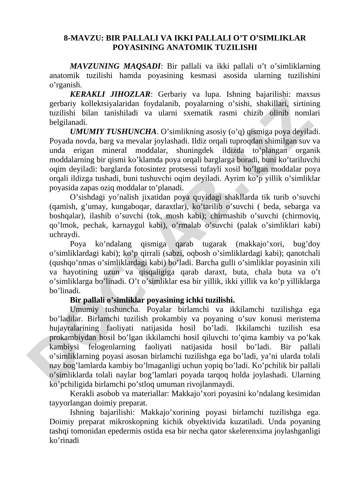 Bir pallali va ikki pallali o't o'simliklar poyasining anatomik tuzilishi
