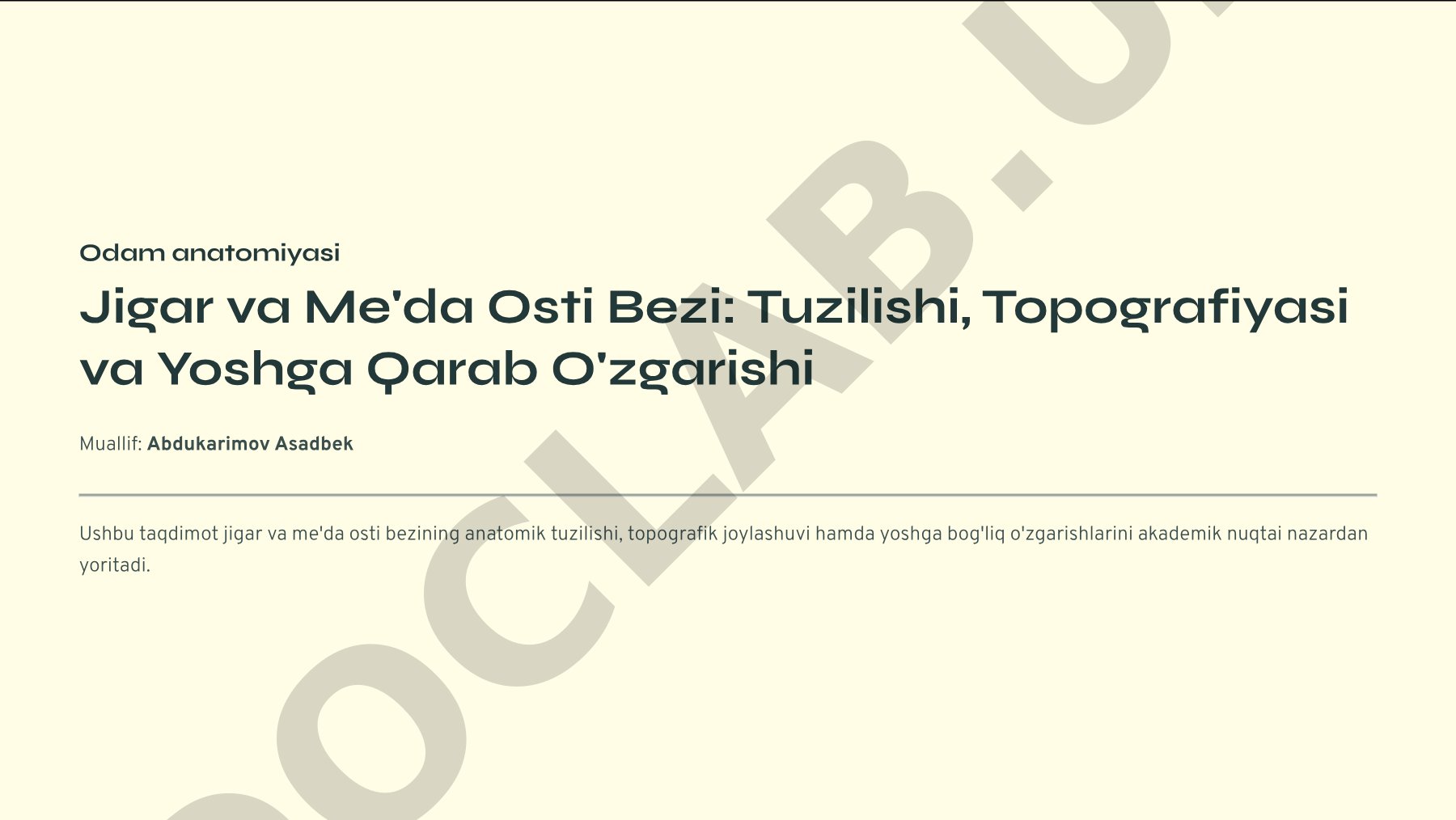 Odam anatomiyasi Jigar va Me'da Osti Bezi: Tuzilishi, Topografiyasi va Yoshga Qarab O'zgarishi