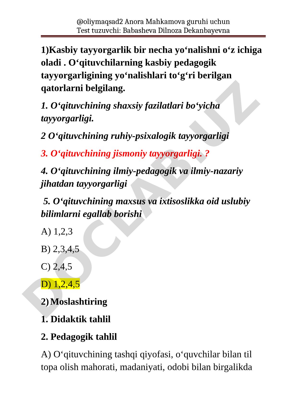 O'qituvchilar kasbiy tayyorgarligi va pedagogik tahlil