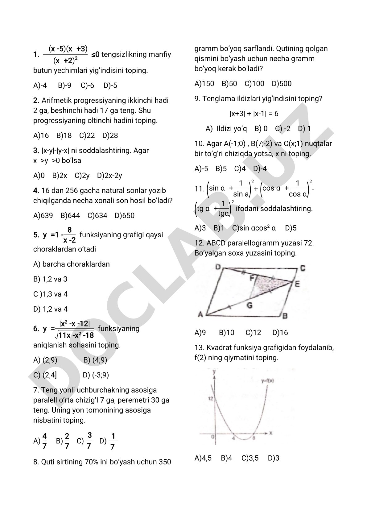 Matematika test savollari to'plami