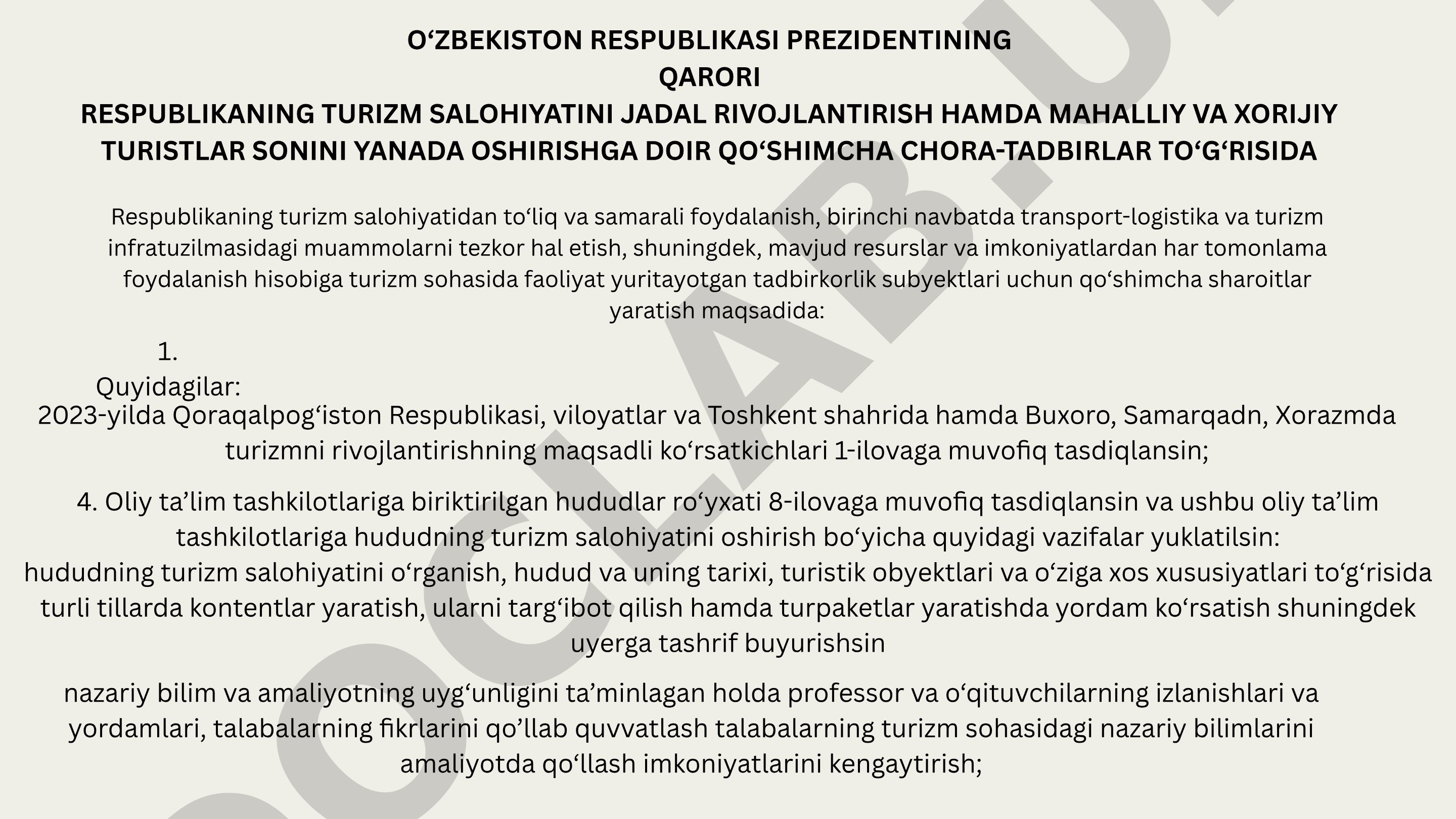 Respublikaning turizm salohiyatini rivojlantirish va turistlar sonini oshirish