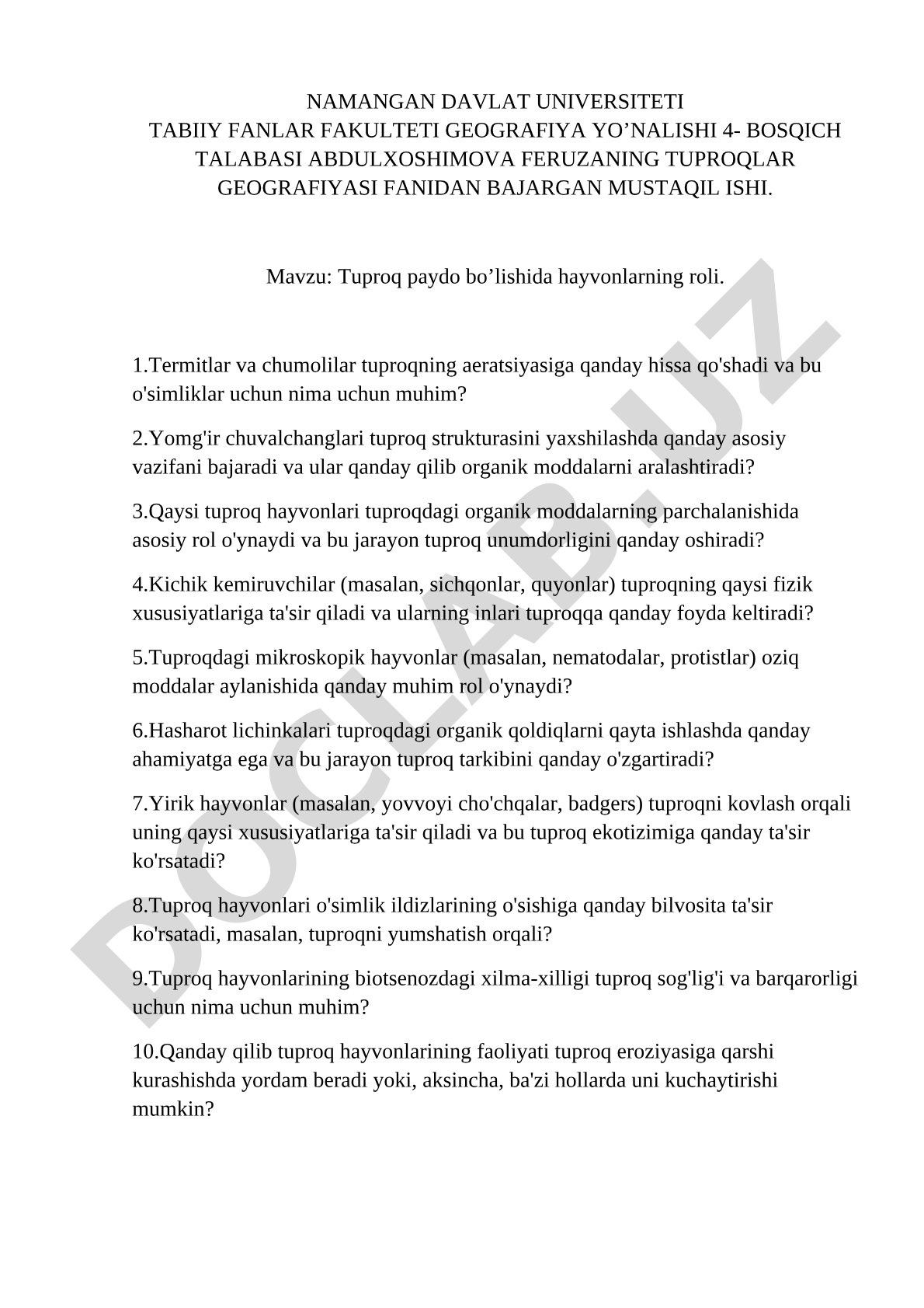 Tuproq paydo bo'lishida hayvonlarning roli